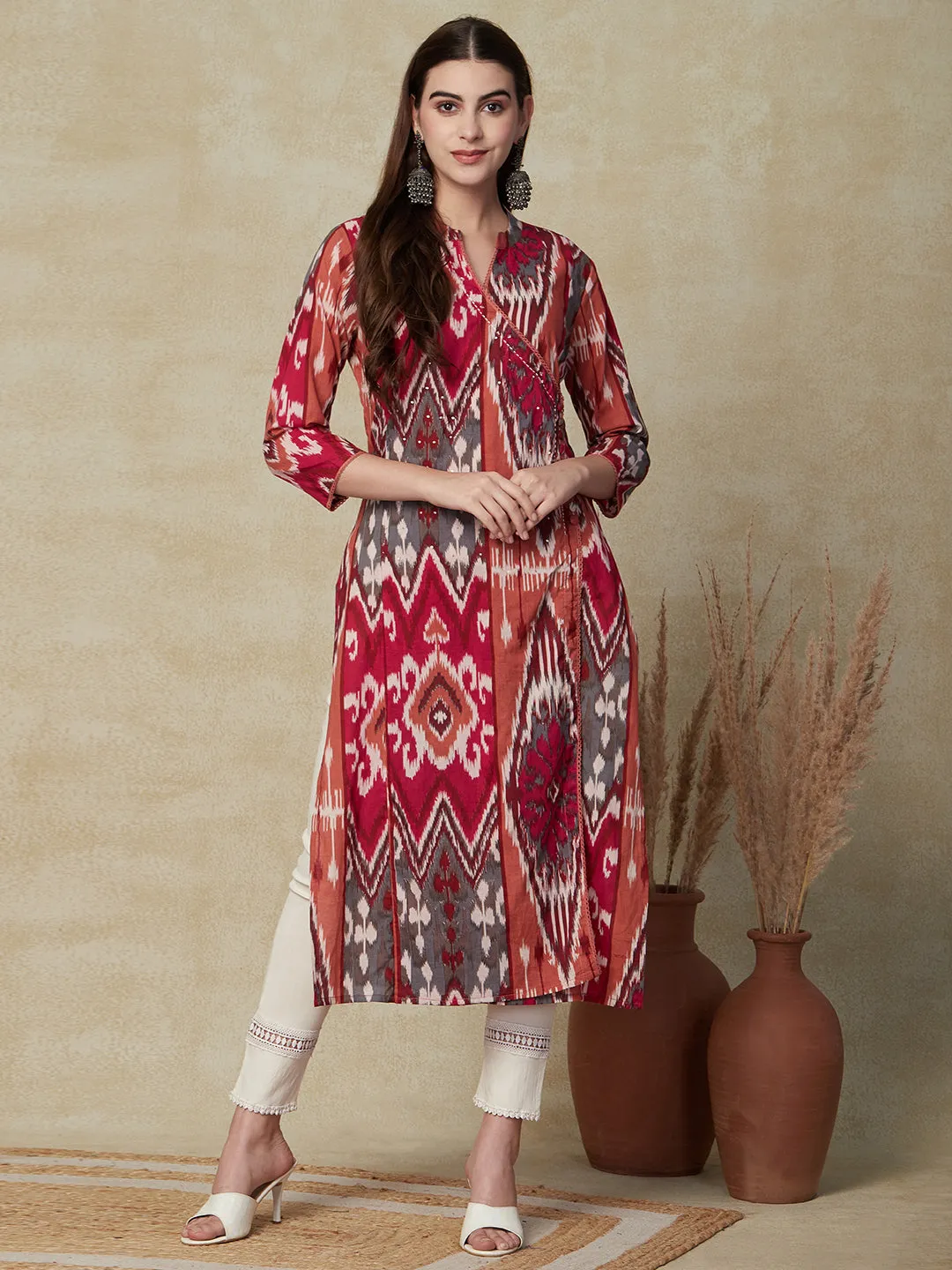 Abstract Printed Sequins Embroidered Crochet Lace Work Kurta - Pink