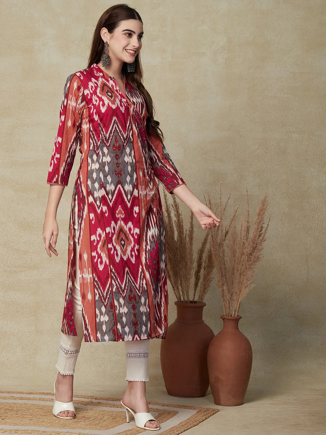 Abstract Printed Sequins Embroidered Crochet Lace Work Kurta - Pink