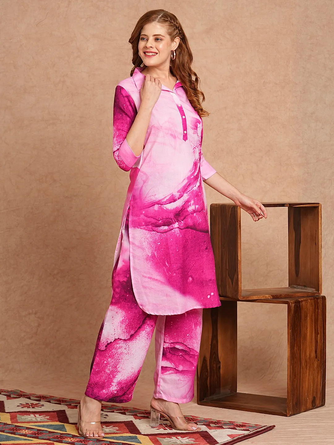 Abstract Printed Straight Fit Co-ord Set - Pink