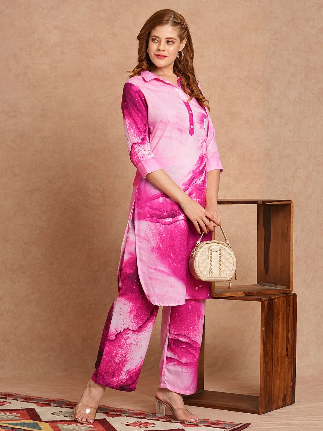 Abstract Printed Straight Fit Co-ord Set - Pink