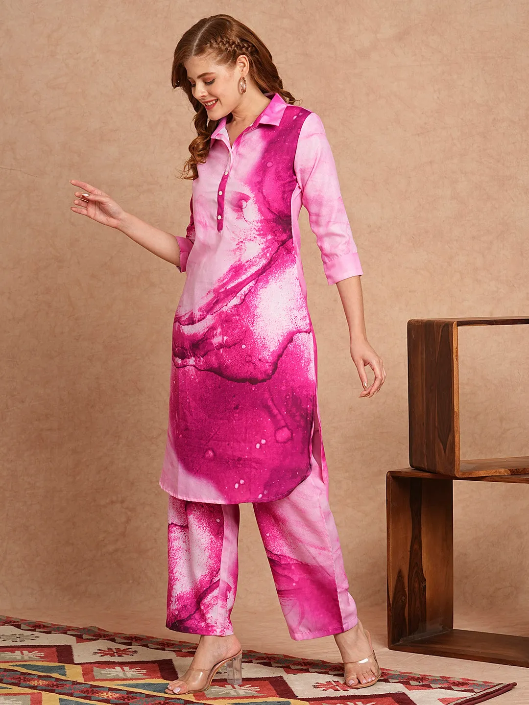 Abstract Printed Straight Fit Co-ord Set - Pink