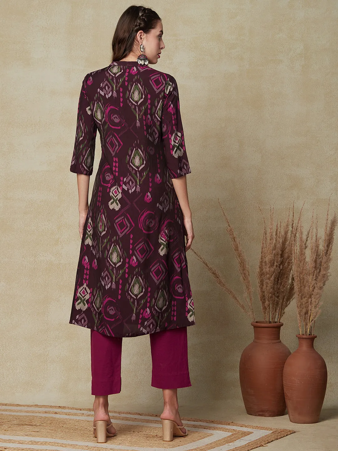 Abstract Printed Wooden Buttoned Kurta - Dark Mauve