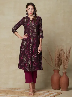 Abstract Printed Wooden Buttoned Kurta - Dark Mauve