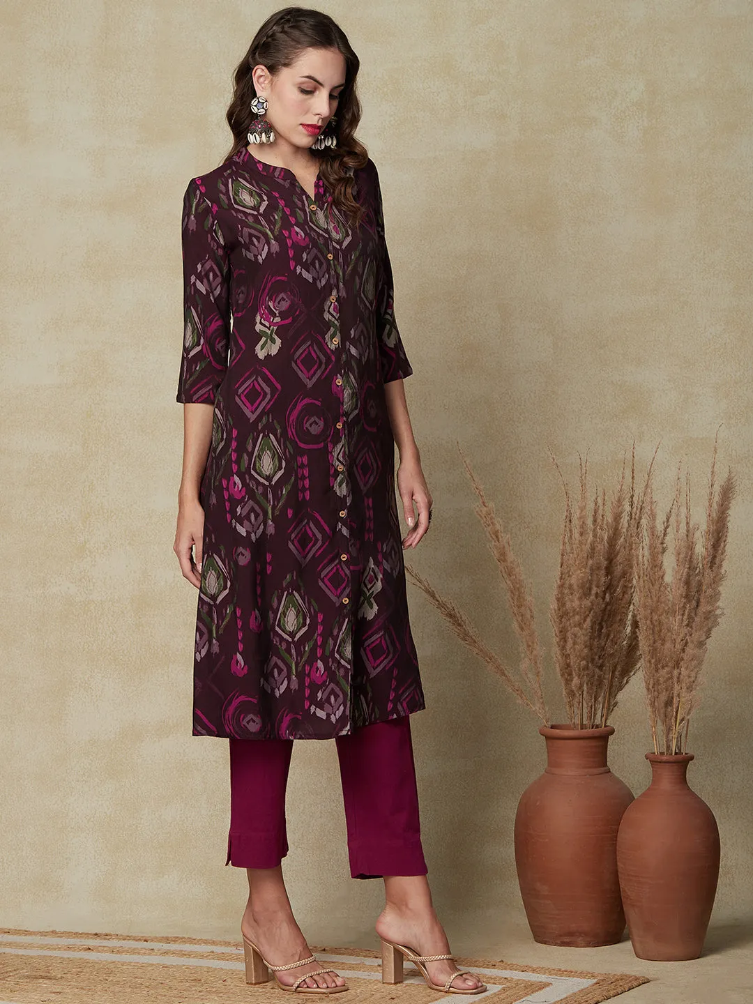 Abstract Printed Wooden Buttoned Kurta - Dark Mauve