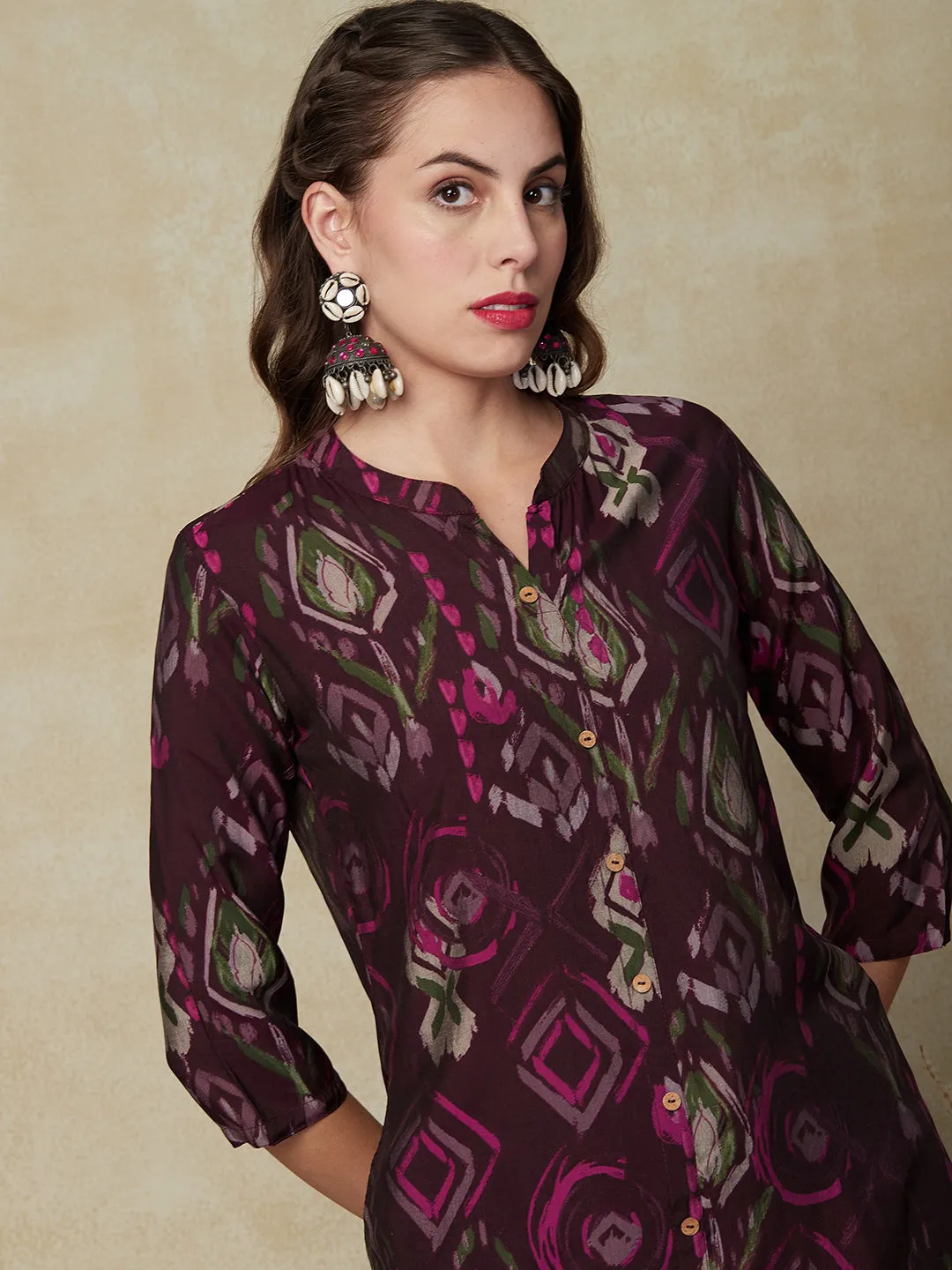 Abstract Printed Wooden Buttoned Kurta - Dark Mauve