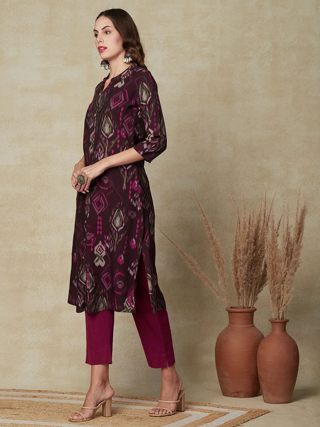 Abstract Printed Wooden Buttoned Kurta - Dark Mauve