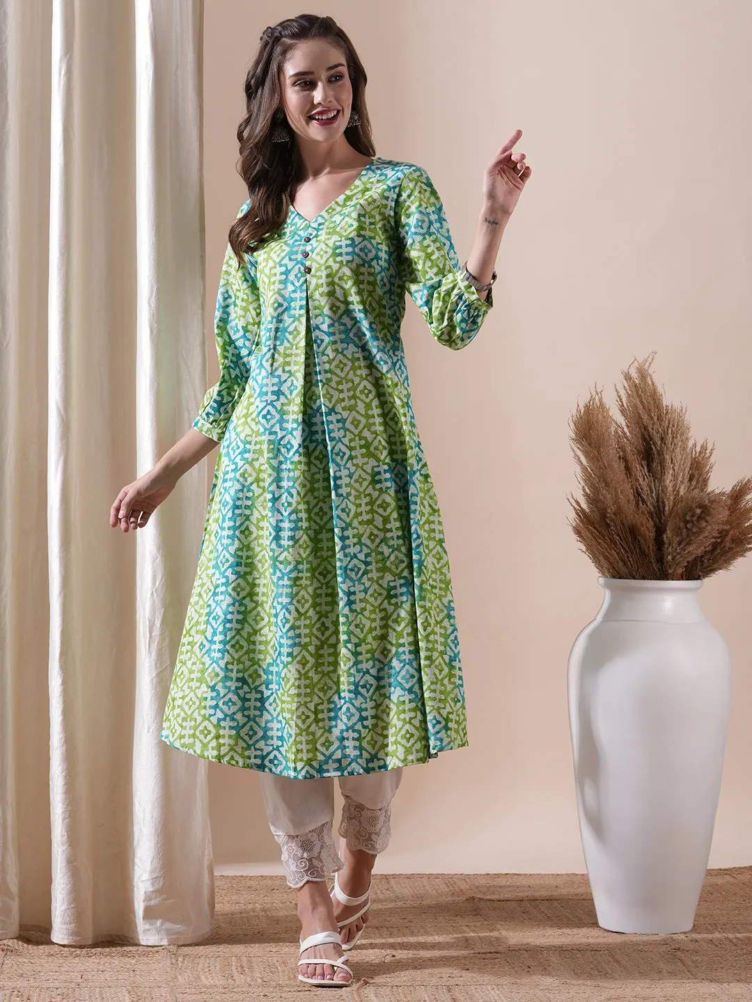 Abstract Printed Wooden Buttoned Pleated Front Kurta - Lime Green