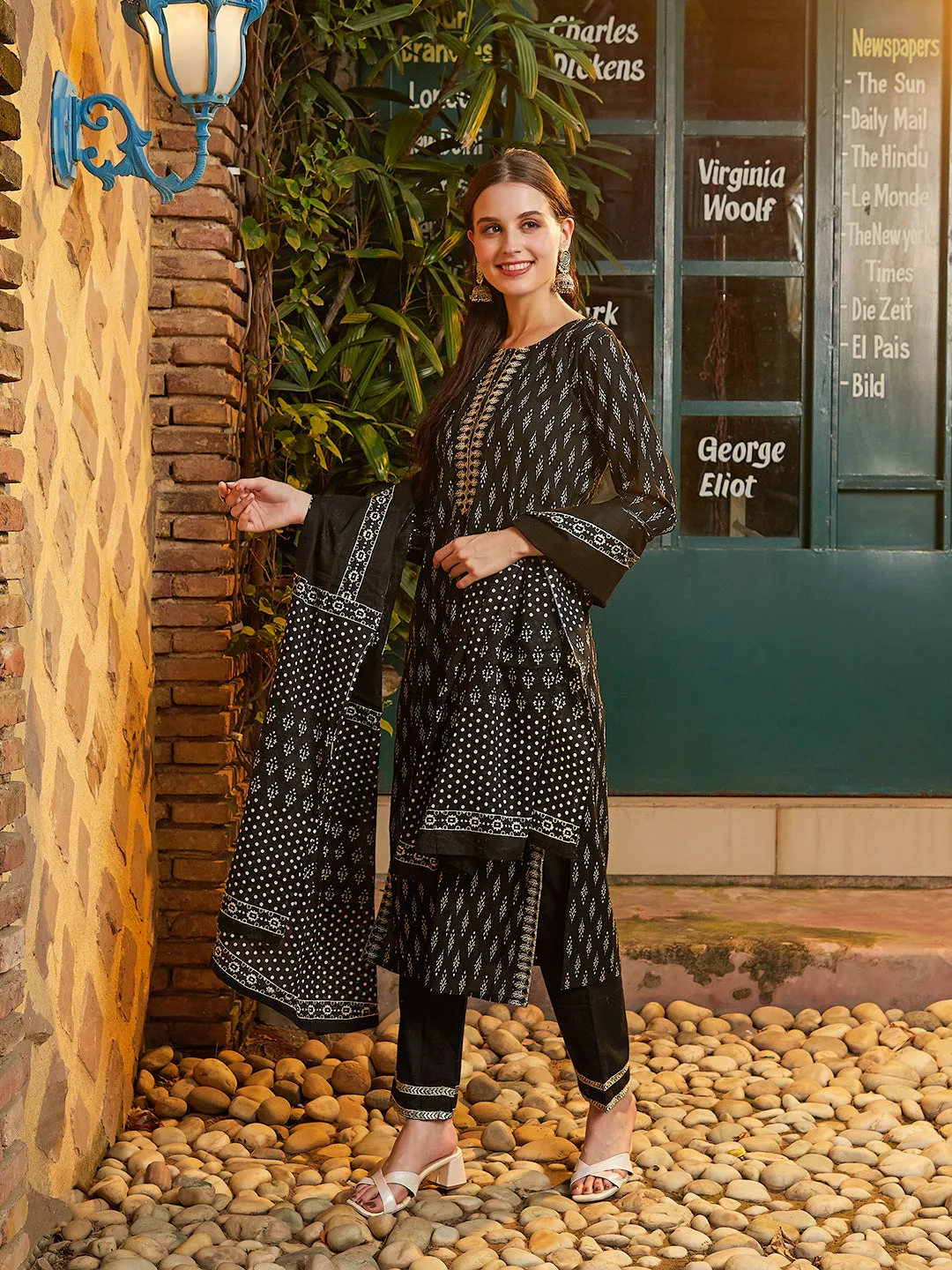 Abstract Printed Zari & Resham Embroidered Kurta with Pants & Dupatta - Black