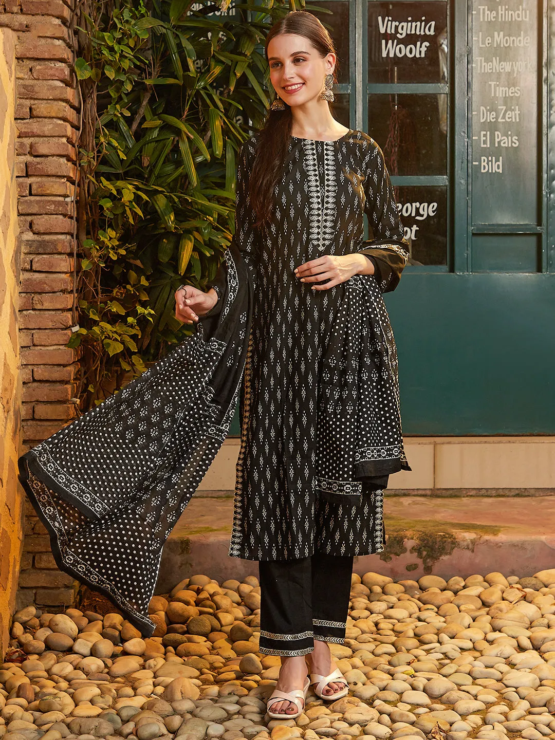 Abstract Printed Zari & Resham Embroidered Kurta with Pants & Dupatta - Black