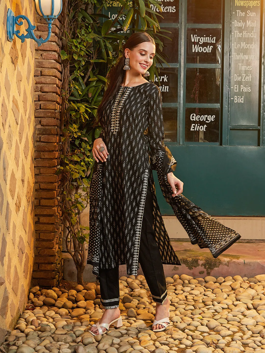 Abstract Printed Zari & Resham Embroidered Kurta with Pants & Dupatta - Black