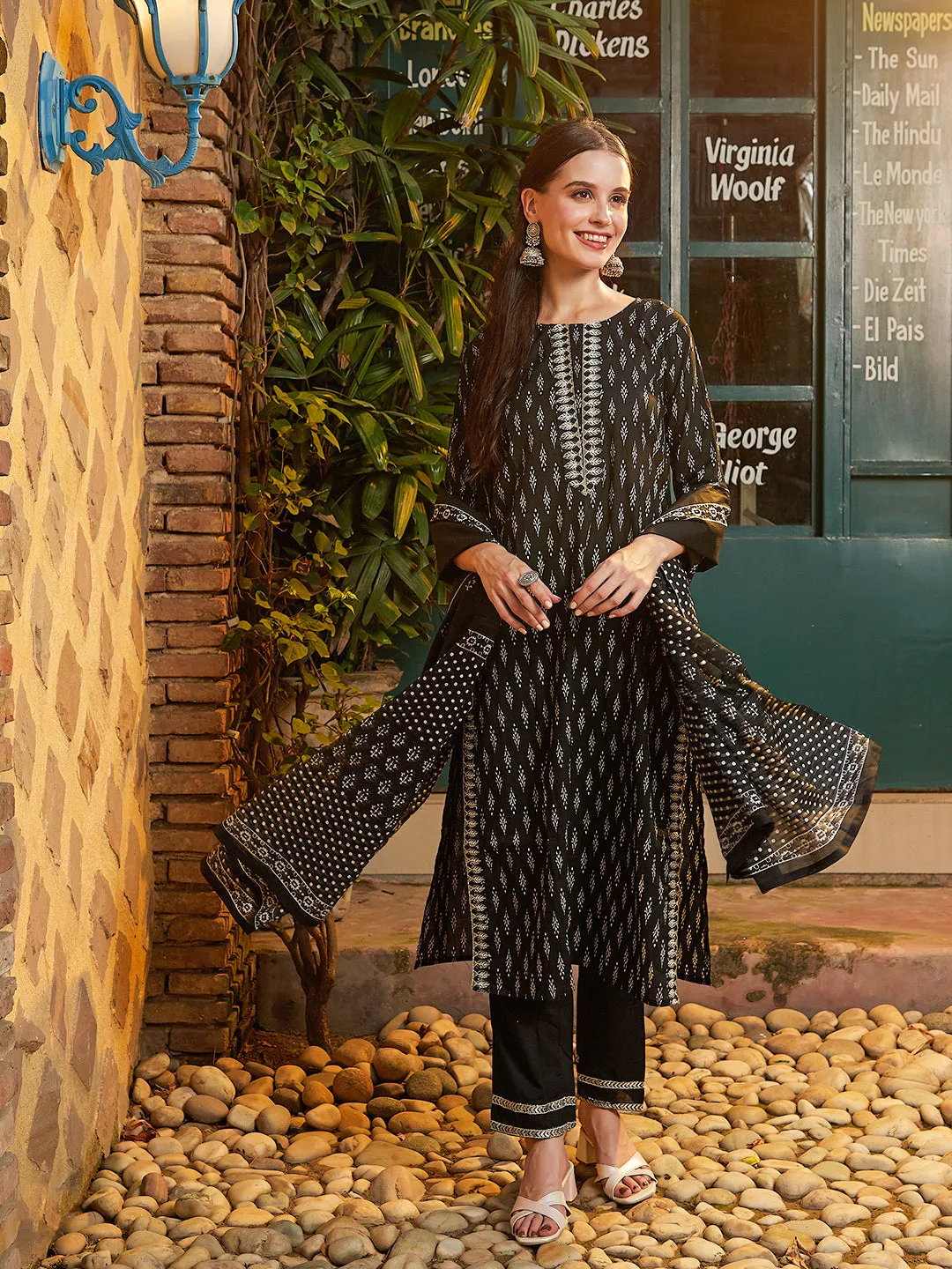 Abstract Printed Zari & Resham Embroidered Kurta with Pants & Dupatta - Black