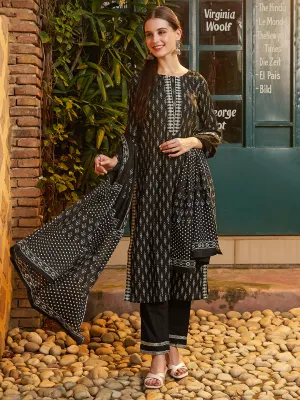 Abstract Printed Zari & Resham Embroidered Kurta with Pants & Dupatta - Black