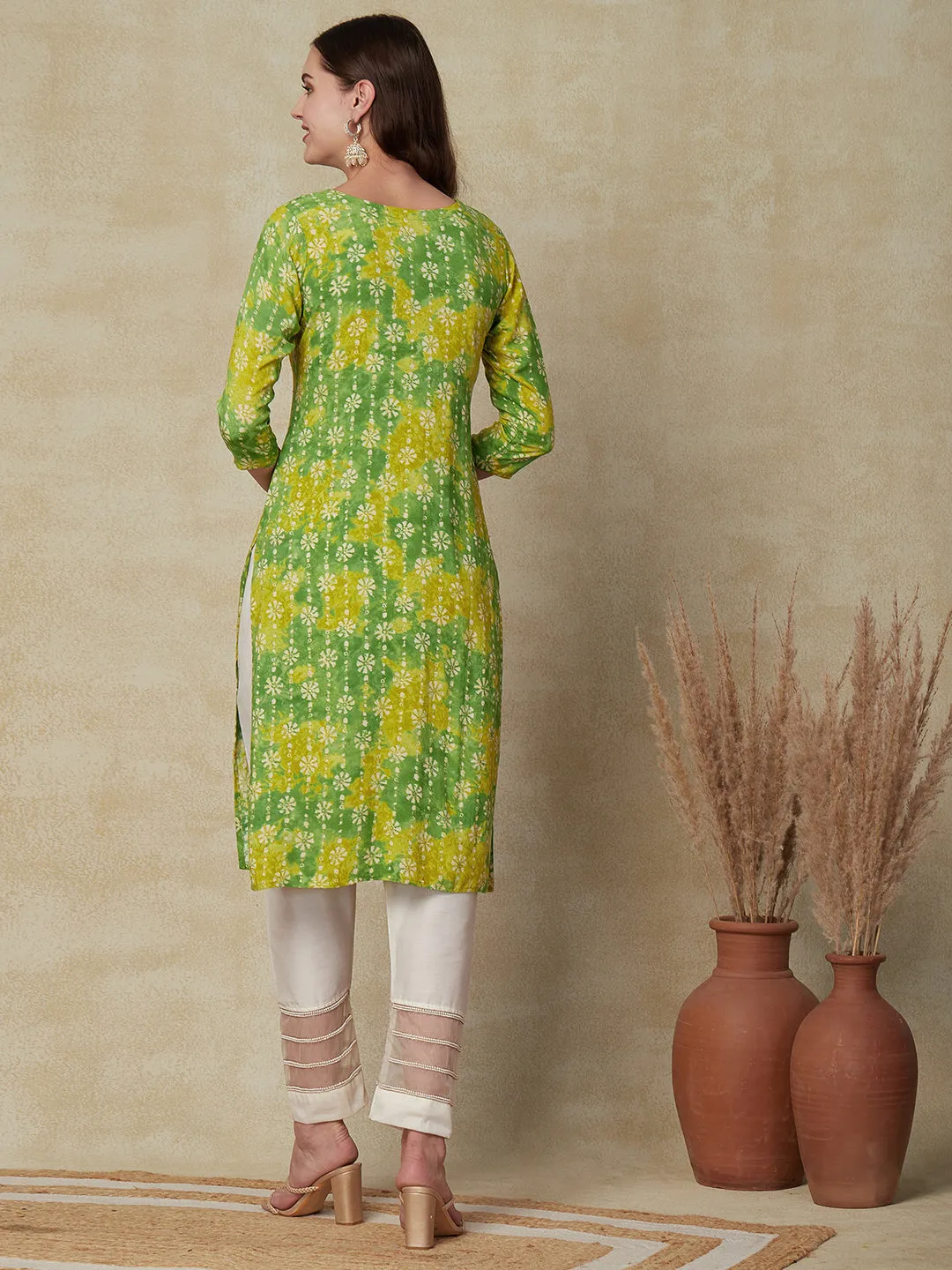 Abstract Tie-Dye Printed Mirror & Stones Embroidered kurta - Green