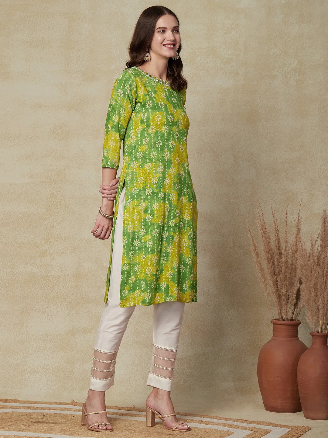 Abstract Tie-Dye Printed Mirror & Stones Embroidered kurta - Green