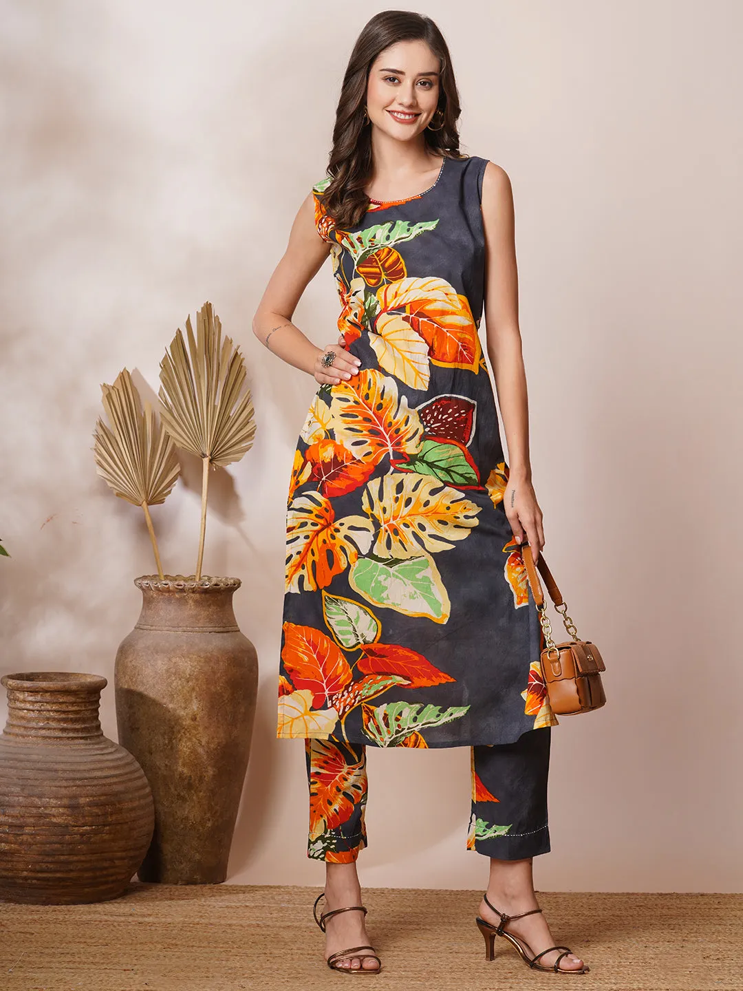 Abstract Tropical Floral Printed Straight Fit Co-ord Set - Grey