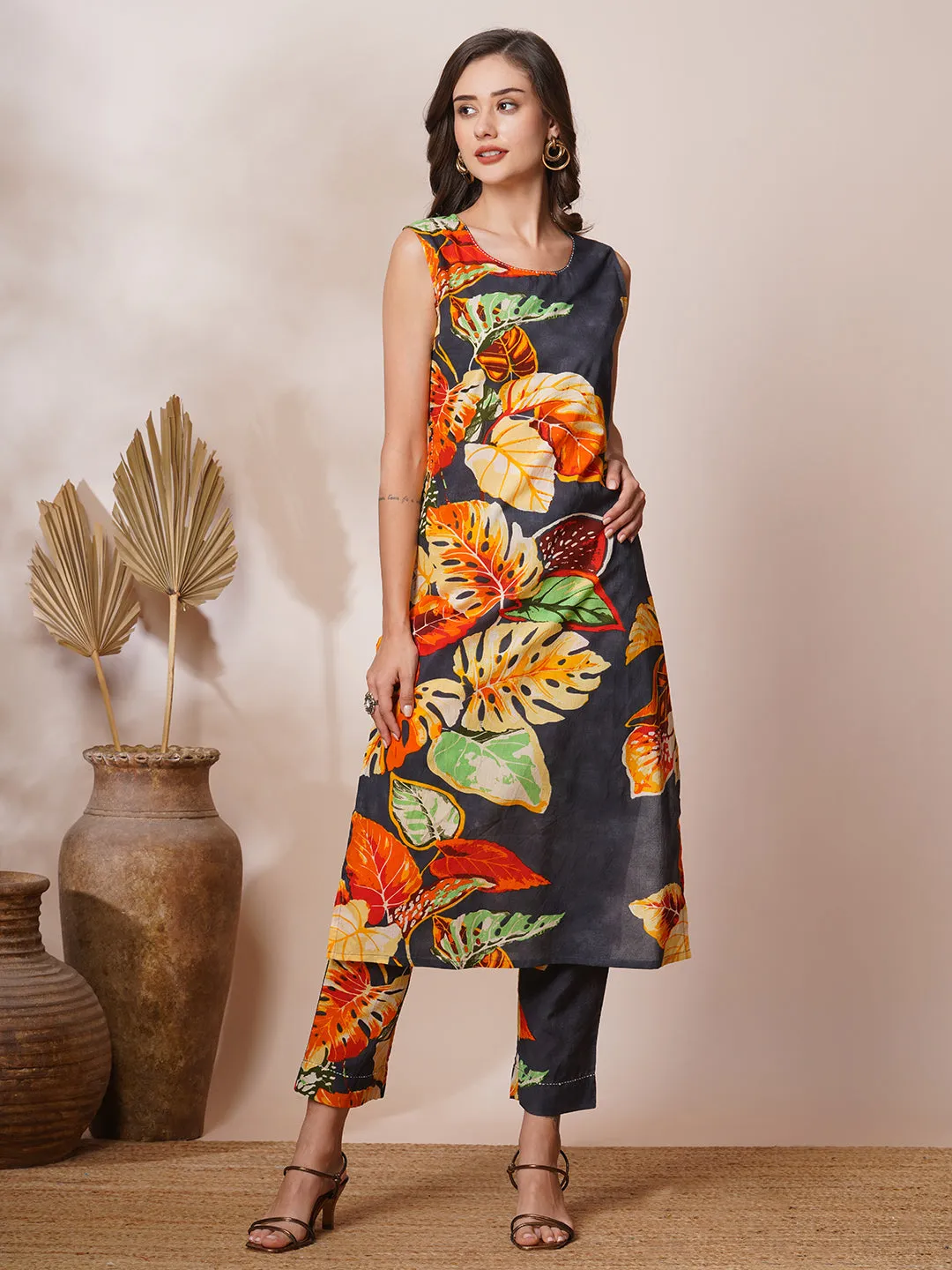 Abstract Tropical Floral Printed Straight Fit Co-ord Set - Grey