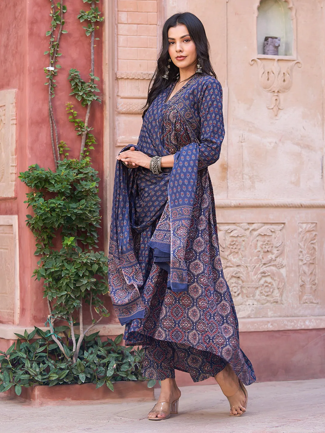 Ajrakh Block Printed Pleated Paneled Kurta with Pants & Dupatta - Navy Blue