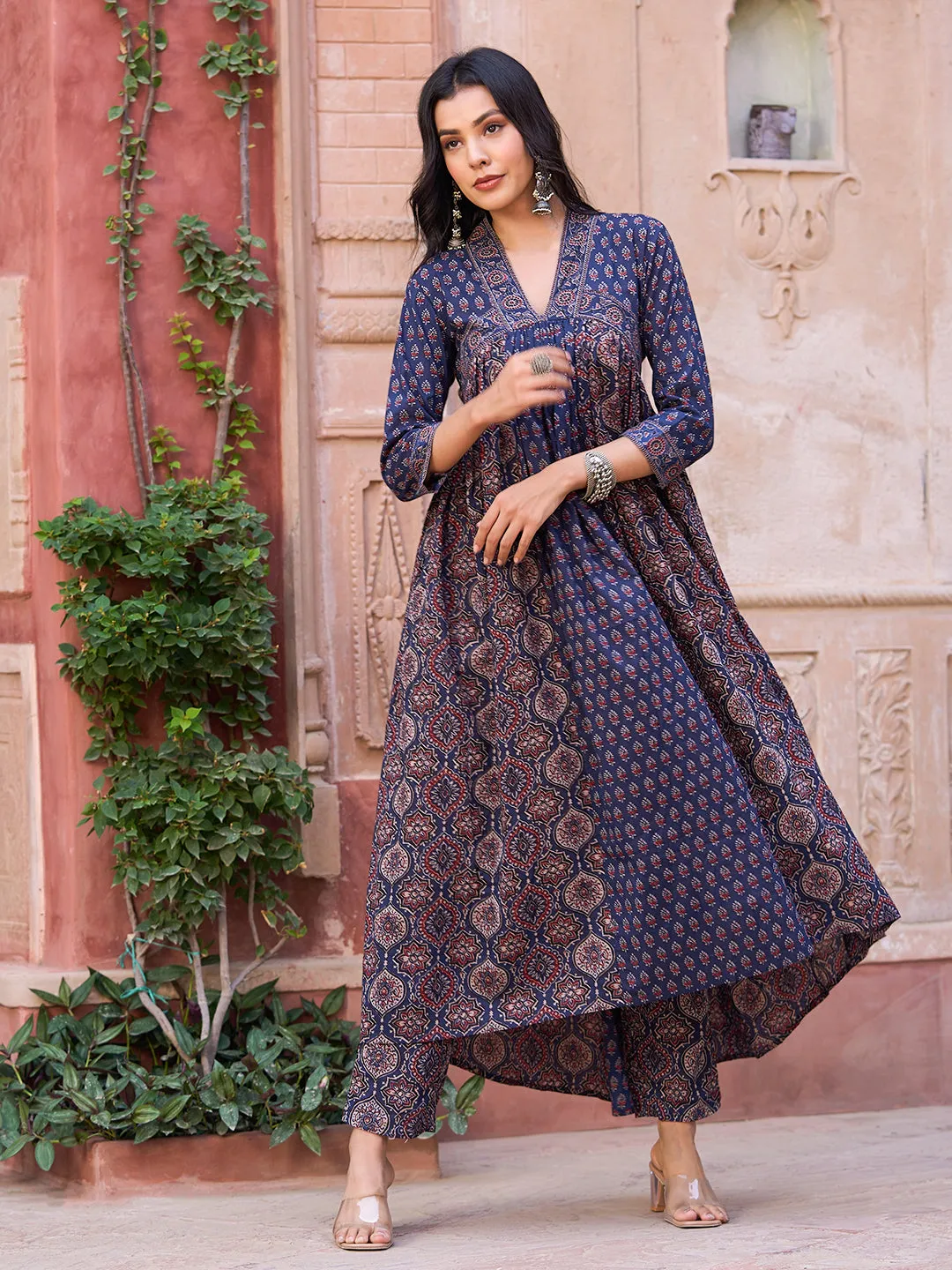 Ajrakh Block Printed Pleated Paneled Kurta with Pants & Dupatta - Navy Blue