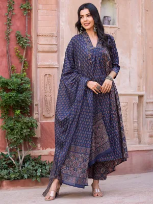 Ajrakh Block Printed Pleated Paneled Kurta with Pants & Dupatta - Navy Blue