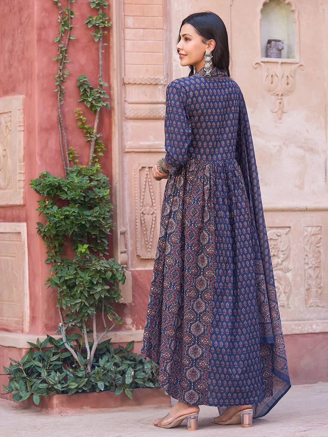 Ajrakh Block Printed Pleated Paneled Kurta with Pants & Dupatta - Navy Blue