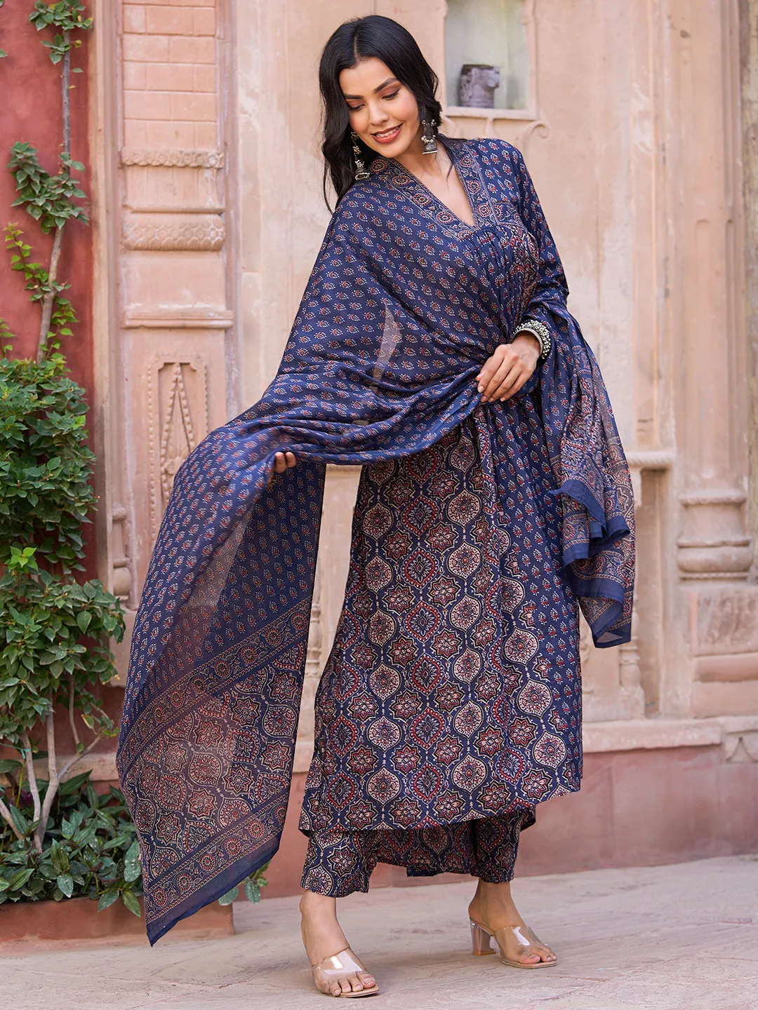 Ajrakh Block Printed Pleated Paneled Kurta with Pants & Dupatta - Navy Blue