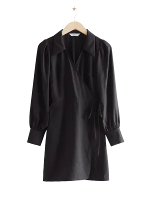 & Other Stories Black Tencel Modal Collared Wrap Mini Dress BNWT UK 14