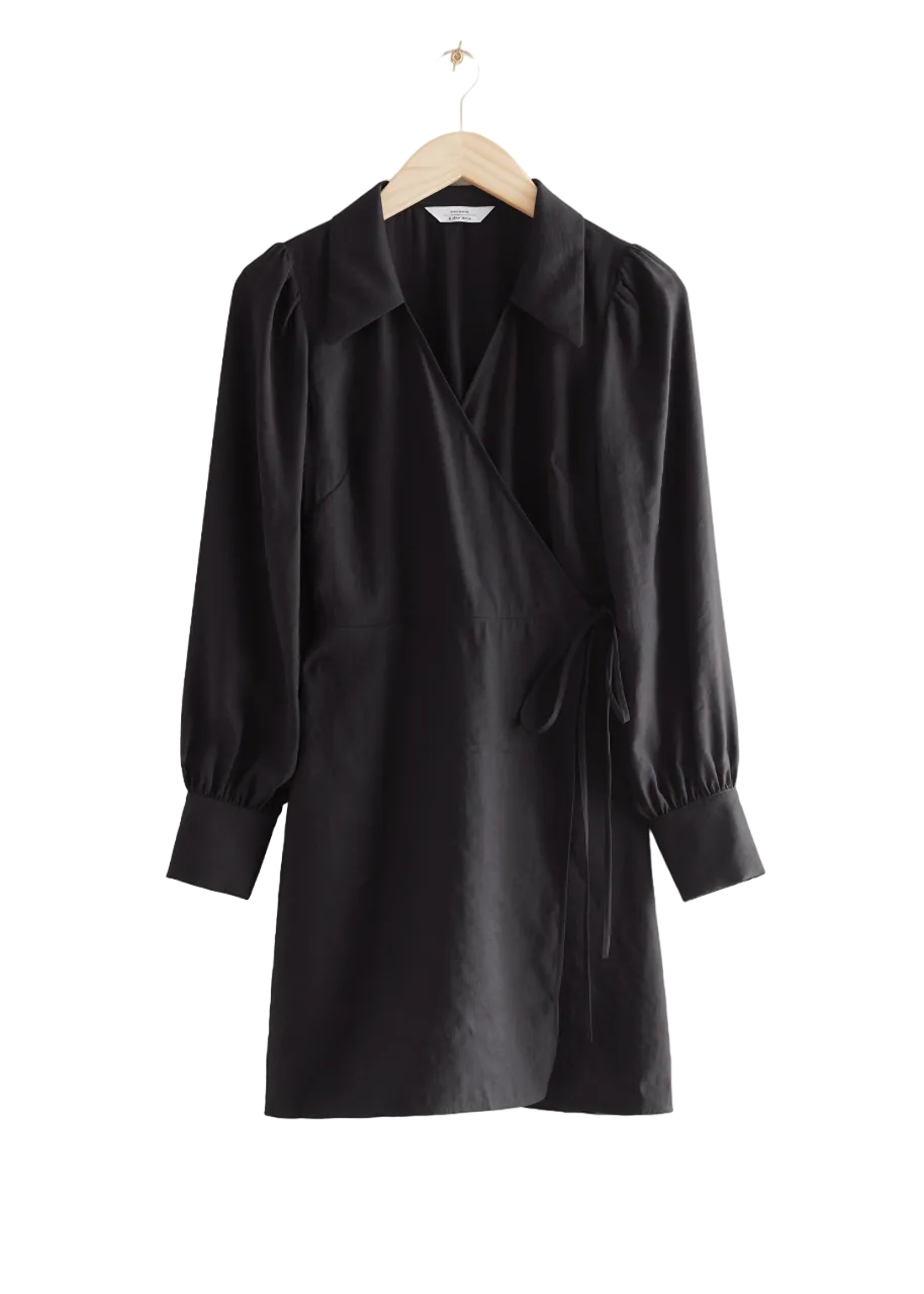 & Other Stories Black Tencel Modal Collared Wrap Mini Dress BNWT UK 14