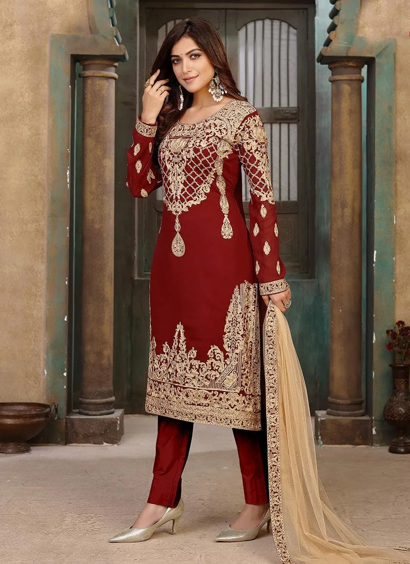 Artistic Maroon Color Dori Work Georgette Base Pant Style Salwar Suit