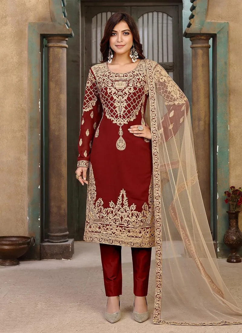 Artistic Maroon Color Dori Work Georgette Base Pant Style Salwar Suit