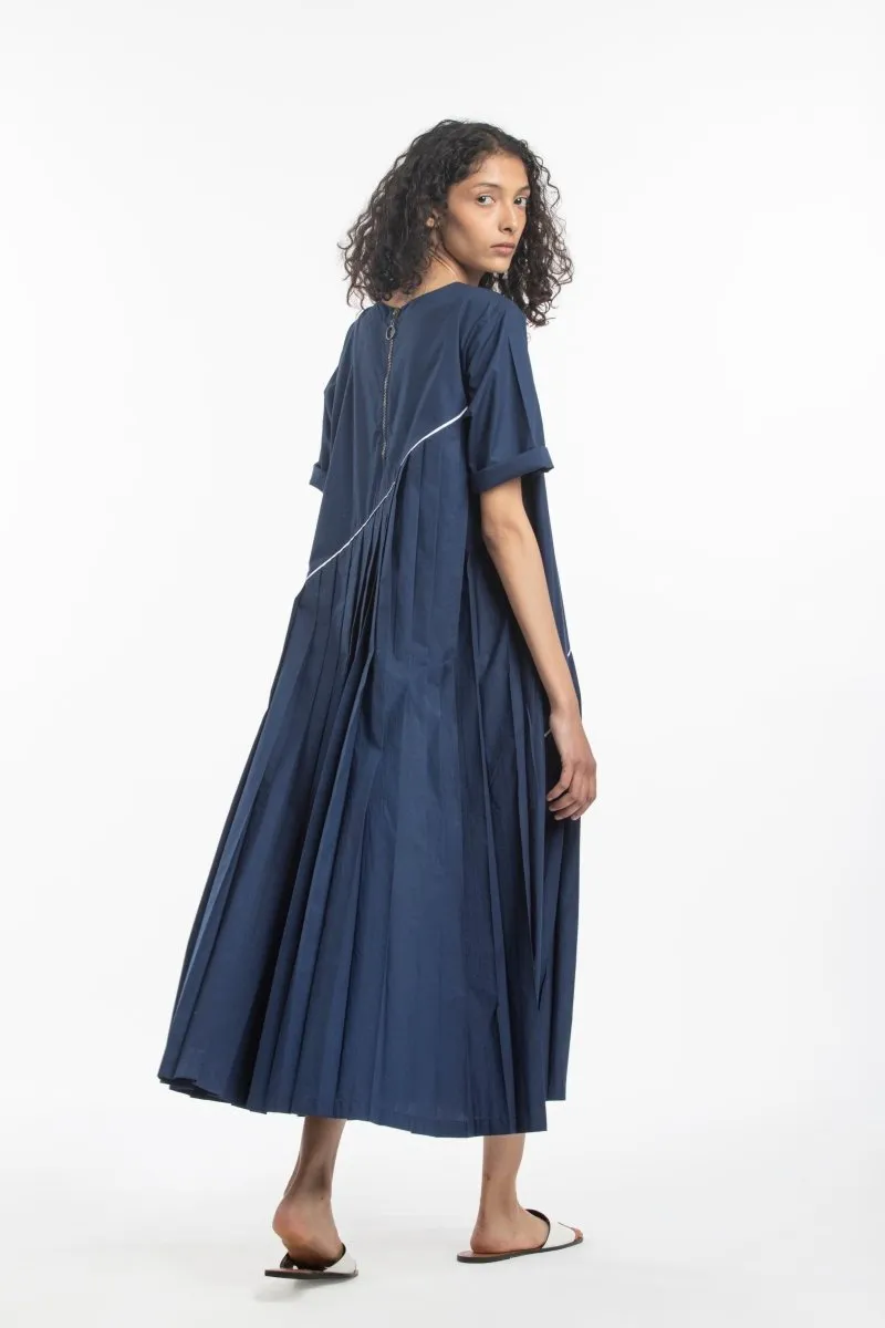 Asymmetric Pleat Dress- Navy