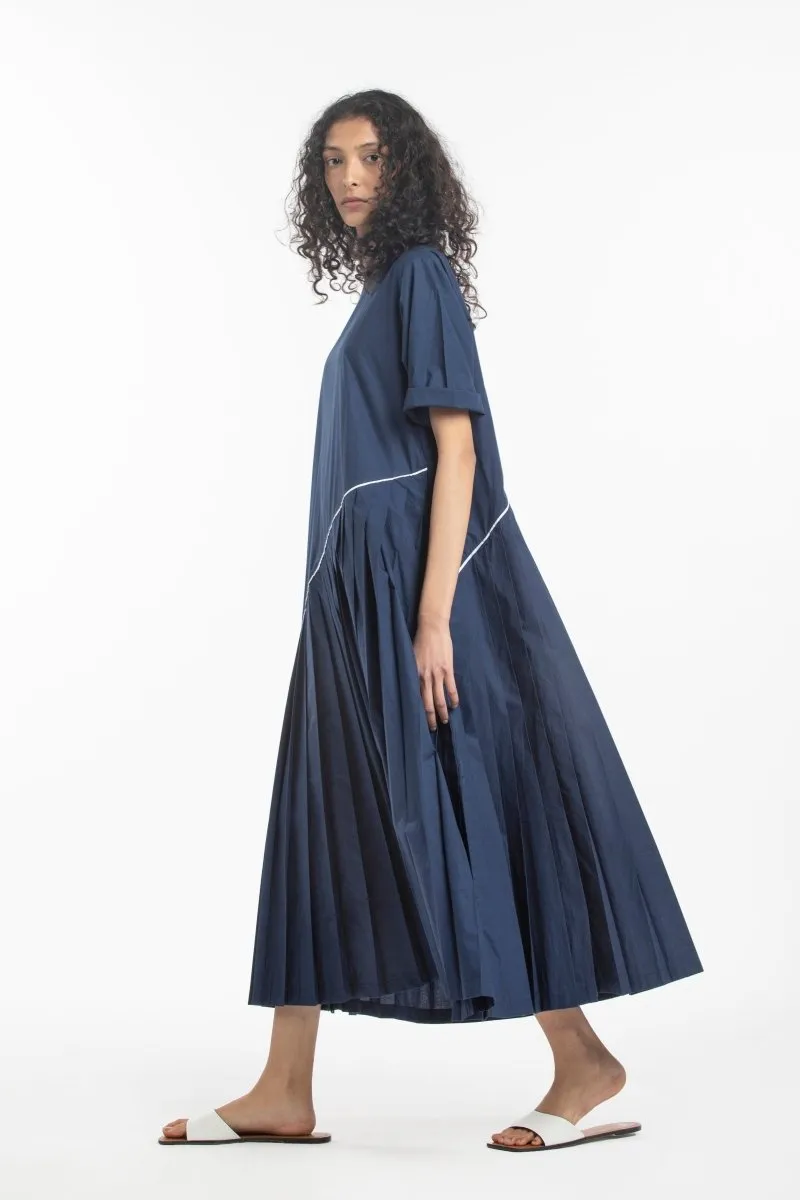 Asymmetric Pleat Dress- Navy