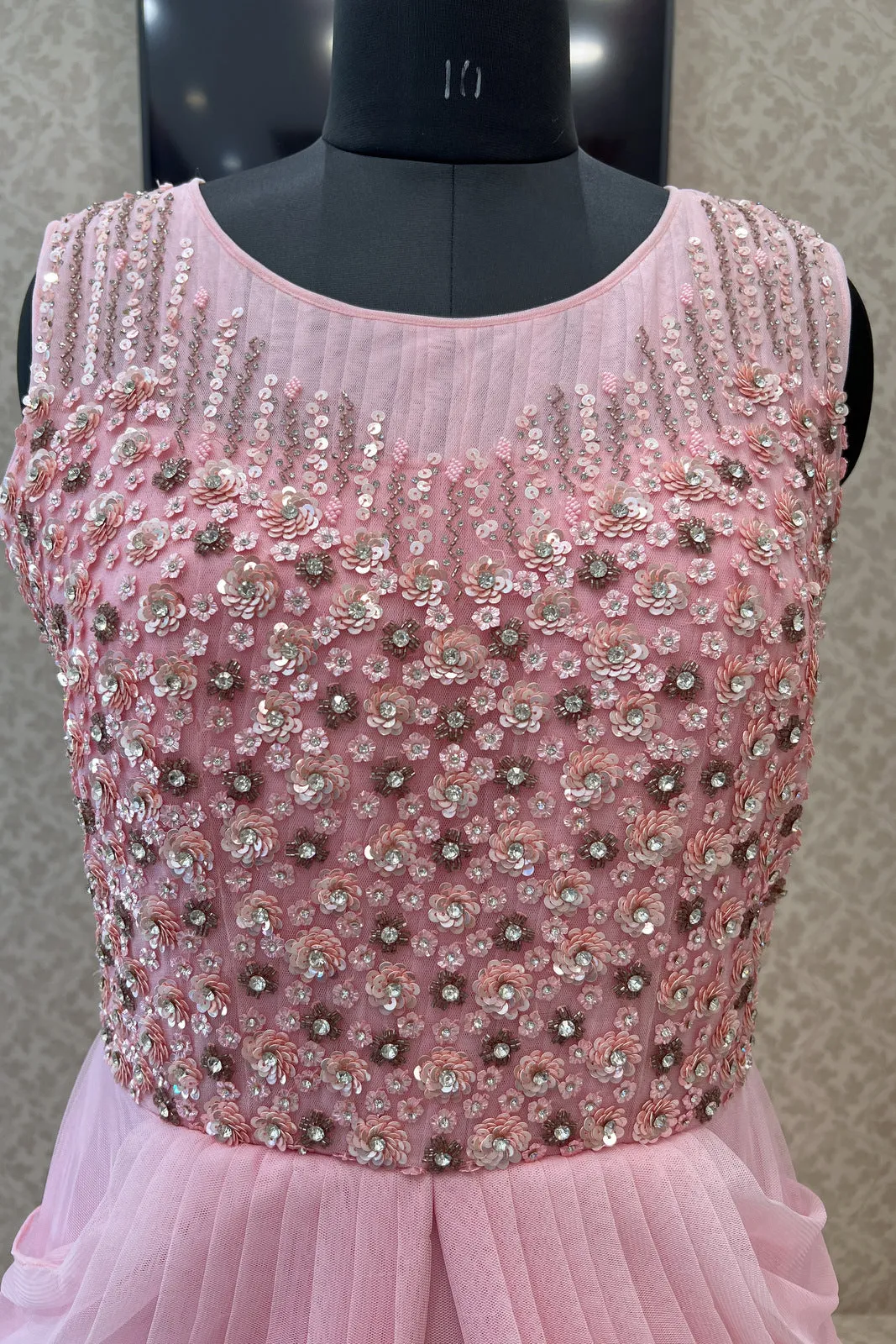 Baby Pink Sequins, Beads and Stone work Bridal and Partywear Gown