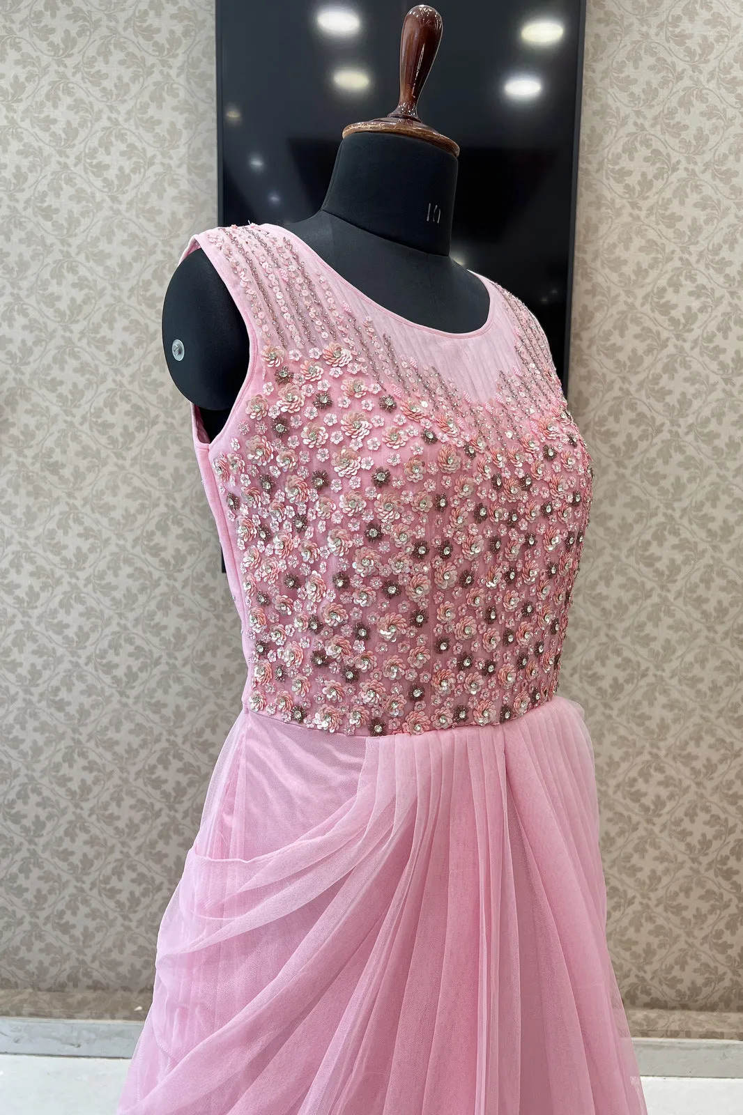 Baby Pink Sequins, Beads and Stone work Bridal and Partywear Gown