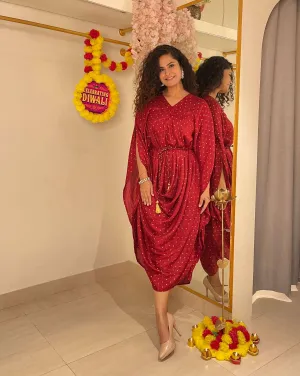 Banarasi Red Flared Cowl Dress