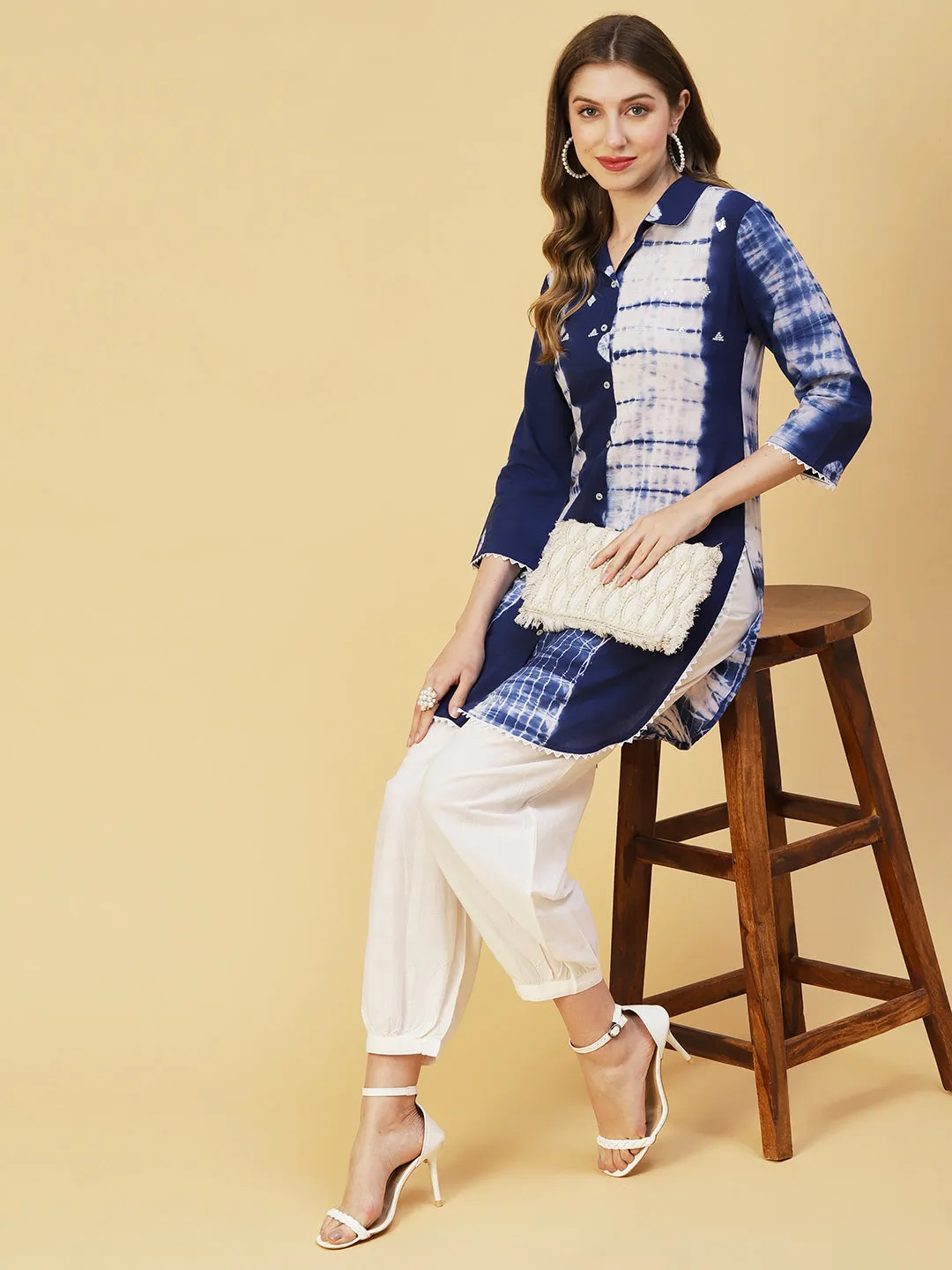 Bandhani & Tie Dye Printed Straight Kurta with Pant - Blue