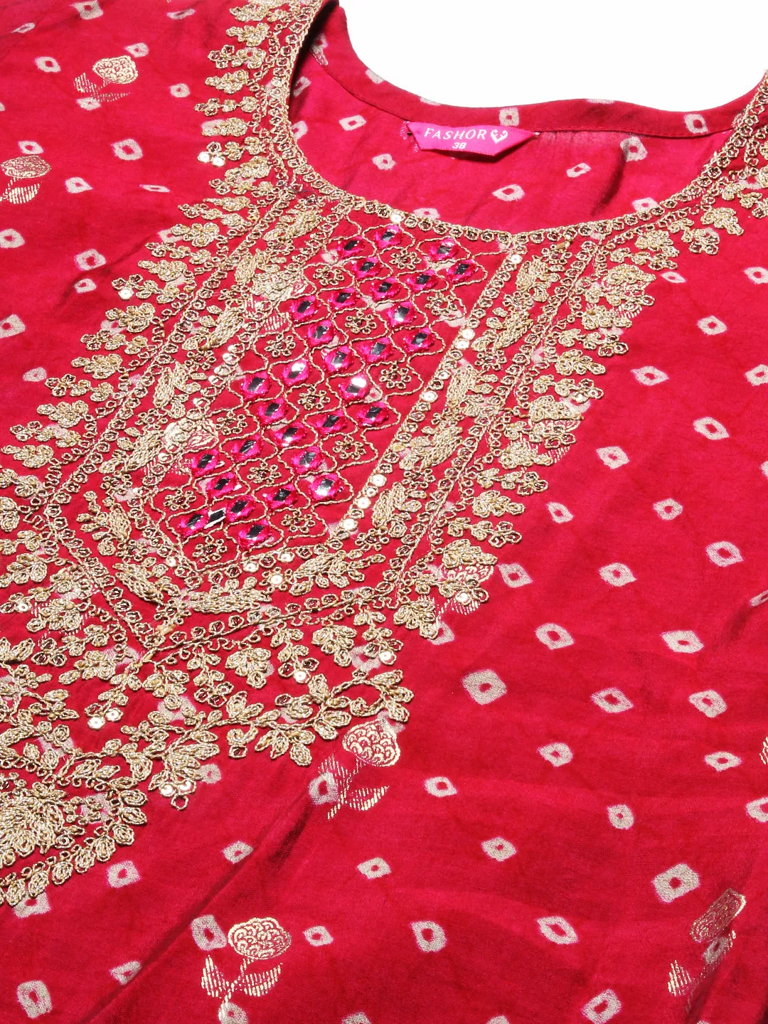 Bandhani Printed & Embroidered Straight Fit Kurta – Magenta