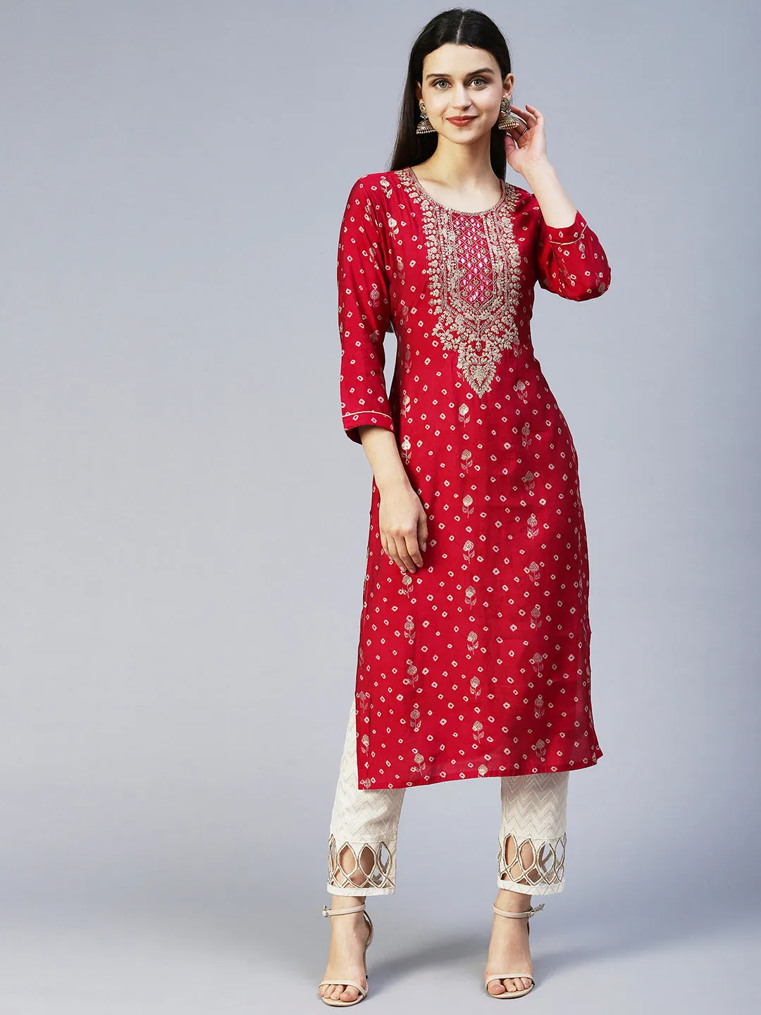 Bandhani Printed & Embroidered Straight Fit Kurta – Magenta