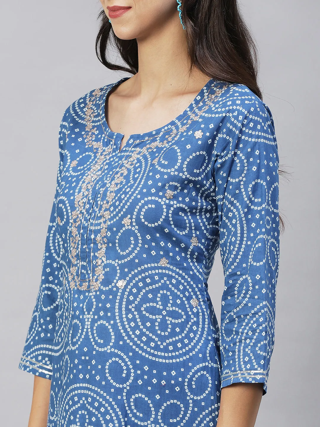 Bandhani Printed & Embroidered Straight Fit Kurta with Pants - Blue