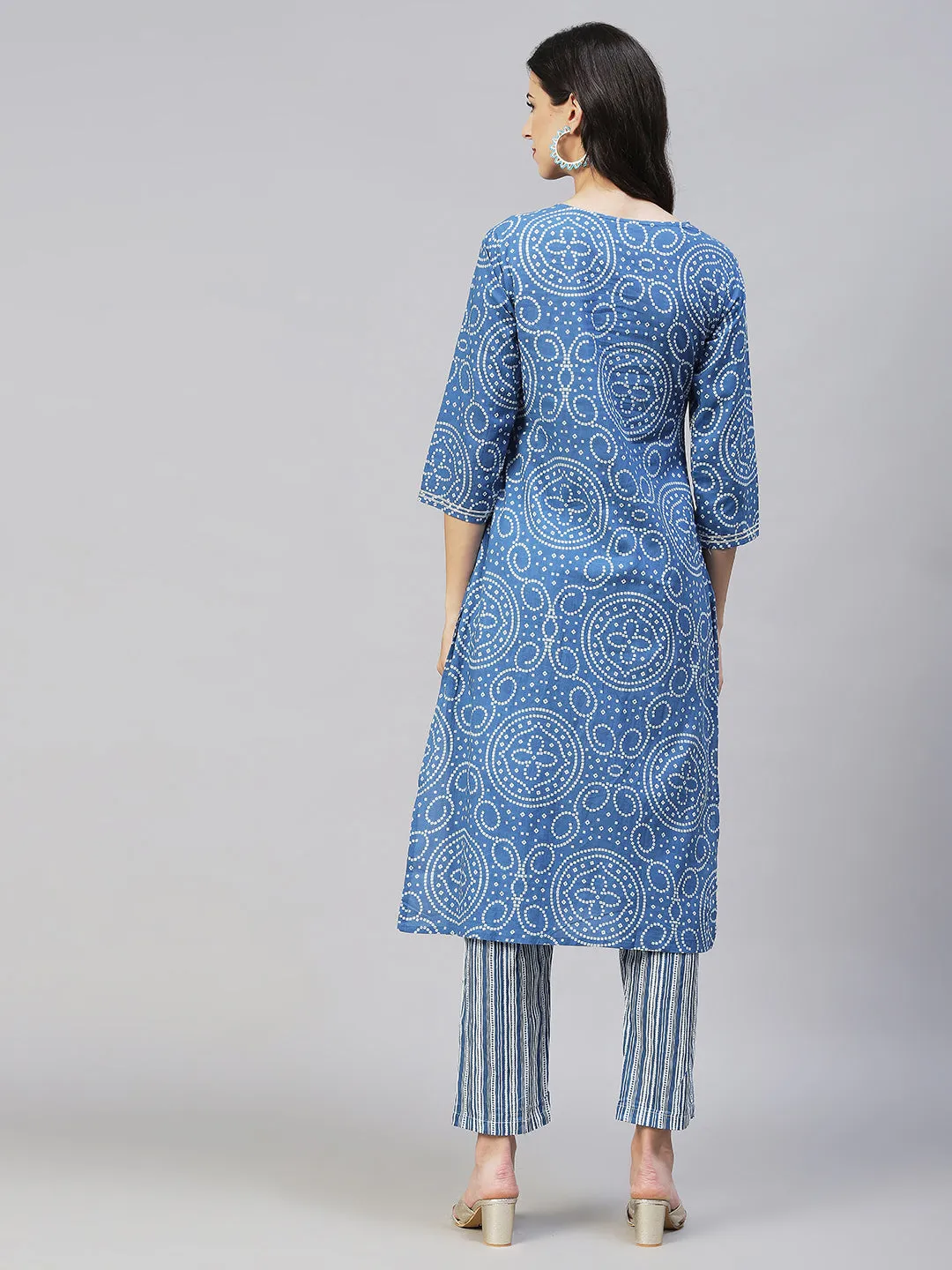 Bandhani Printed & Embroidered Straight Fit Kurta with Pants - Blue