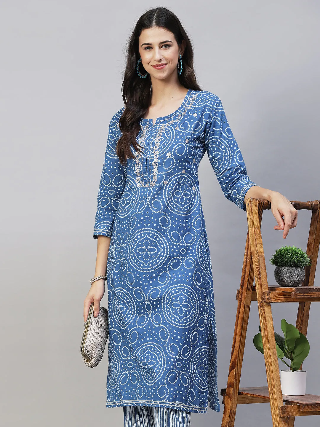 Bandhani Printed & Embroidered Straight Fit Kurta with Pants - Blue