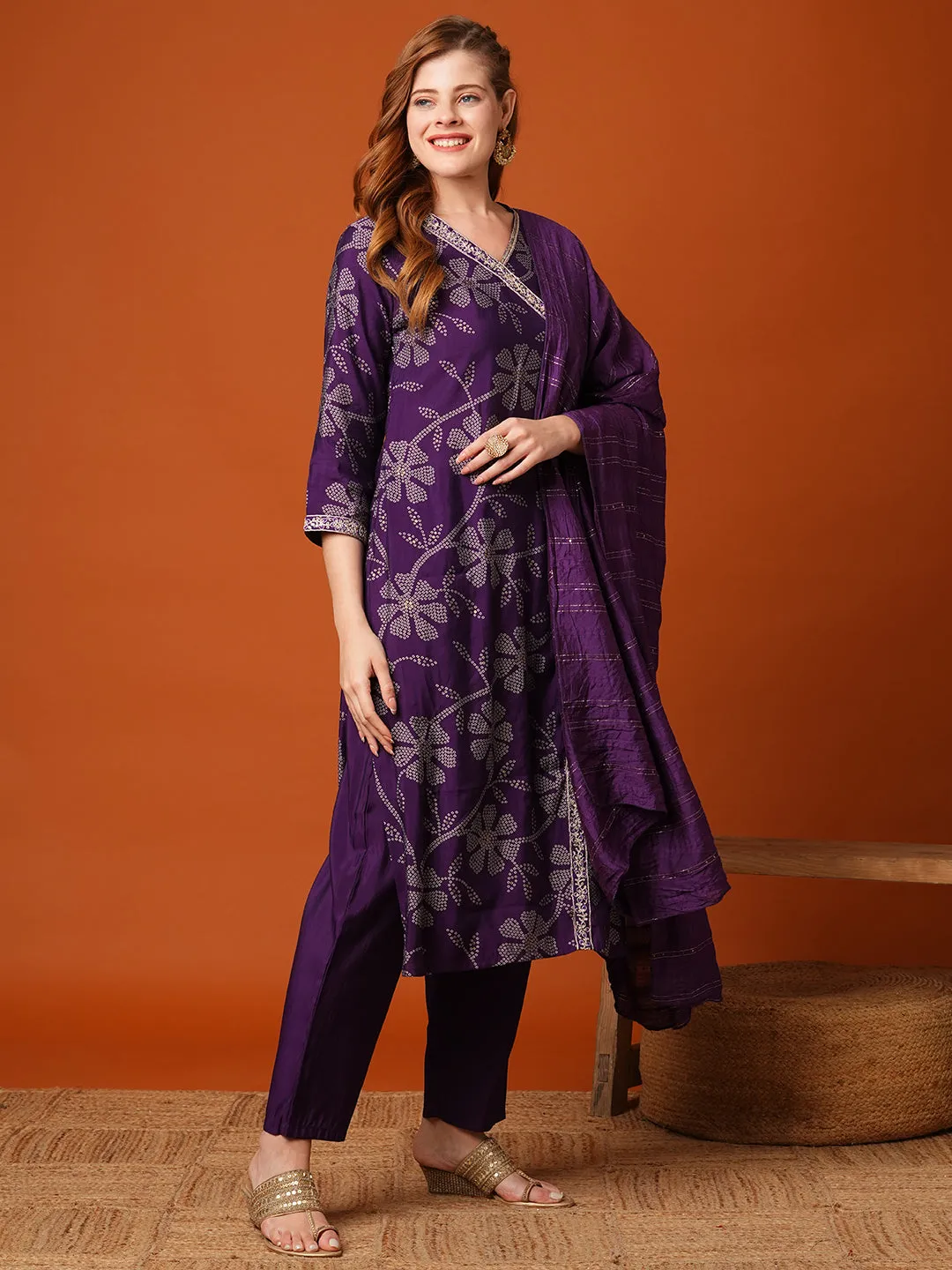 Bandhani Printed & Embroidered Straight Kurta with Pant & Dupatta - Purple