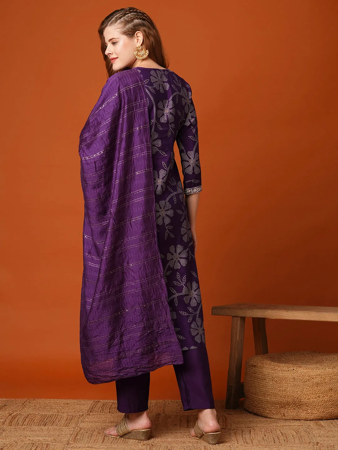 Bandhani Printed & Embroidered Straight Kurta with Pant & Dupatta - Purple