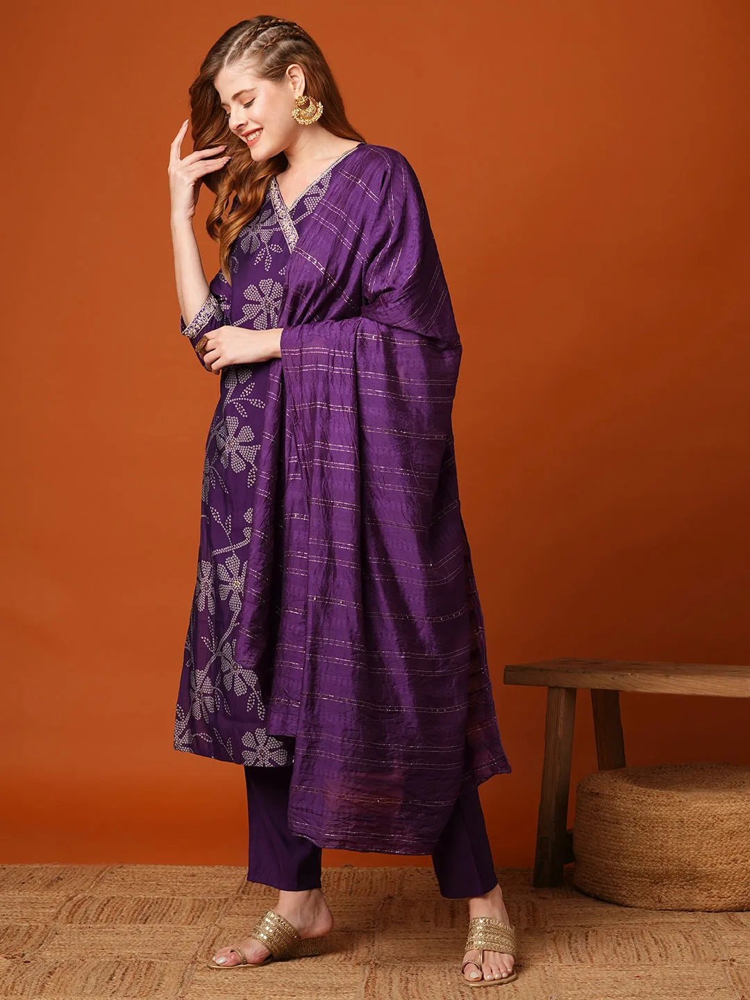 Bandhani Printed & Embroidered Straight Kurta with Pant & Dupatta - Purple