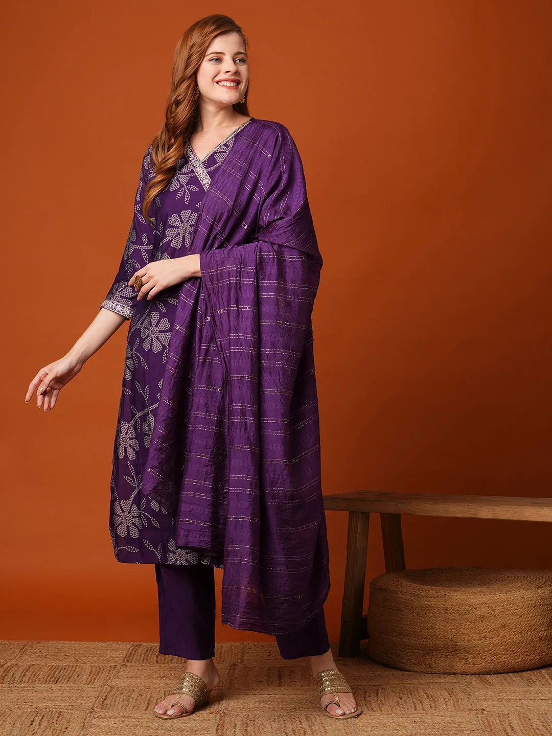 Bandhani Printed & Embroidered Straight Kurta with Pant & Dupatta - Purple