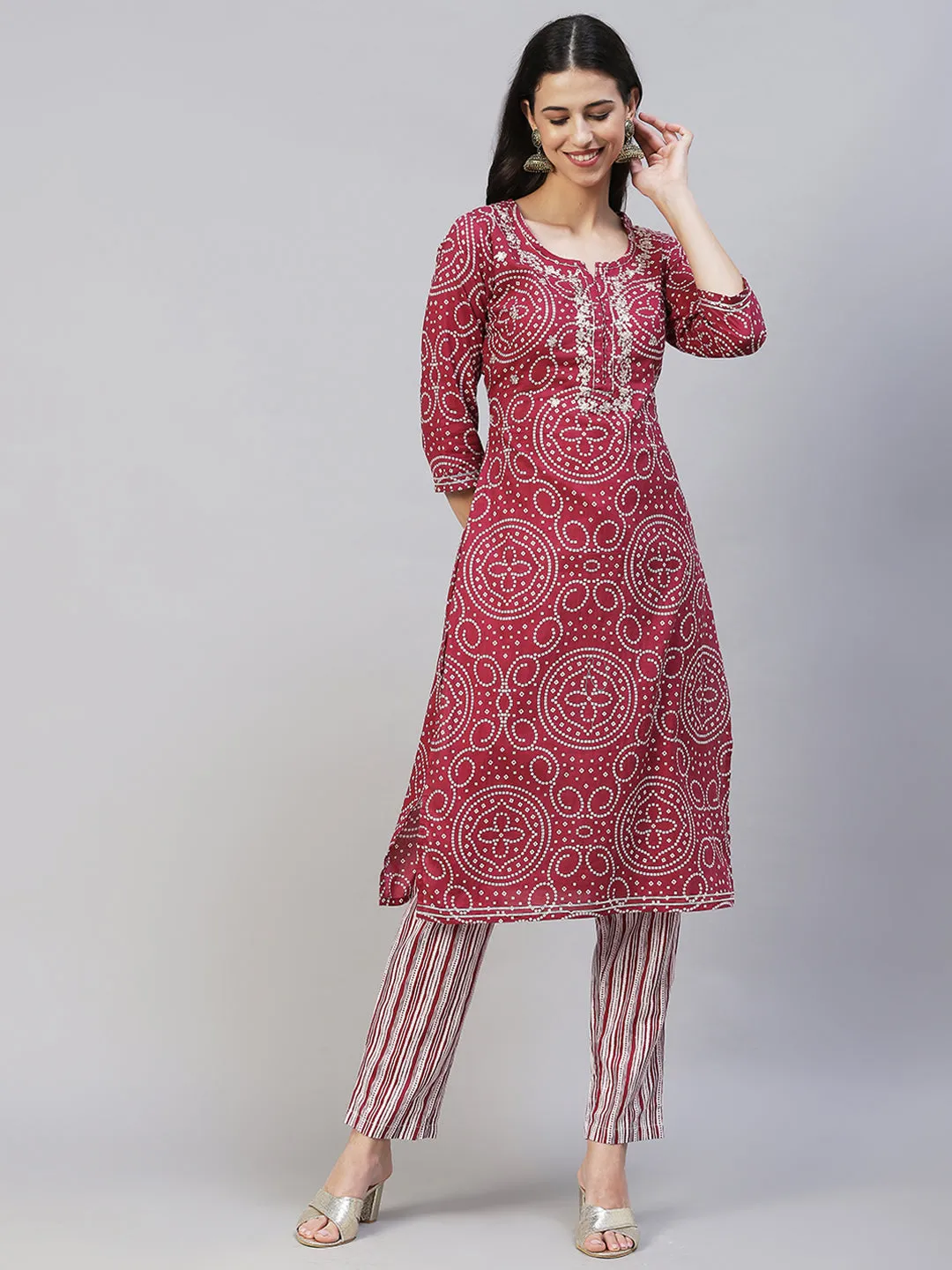 Bandhani Printed & Embroidered Straight Kurta with Pants - Light Wine