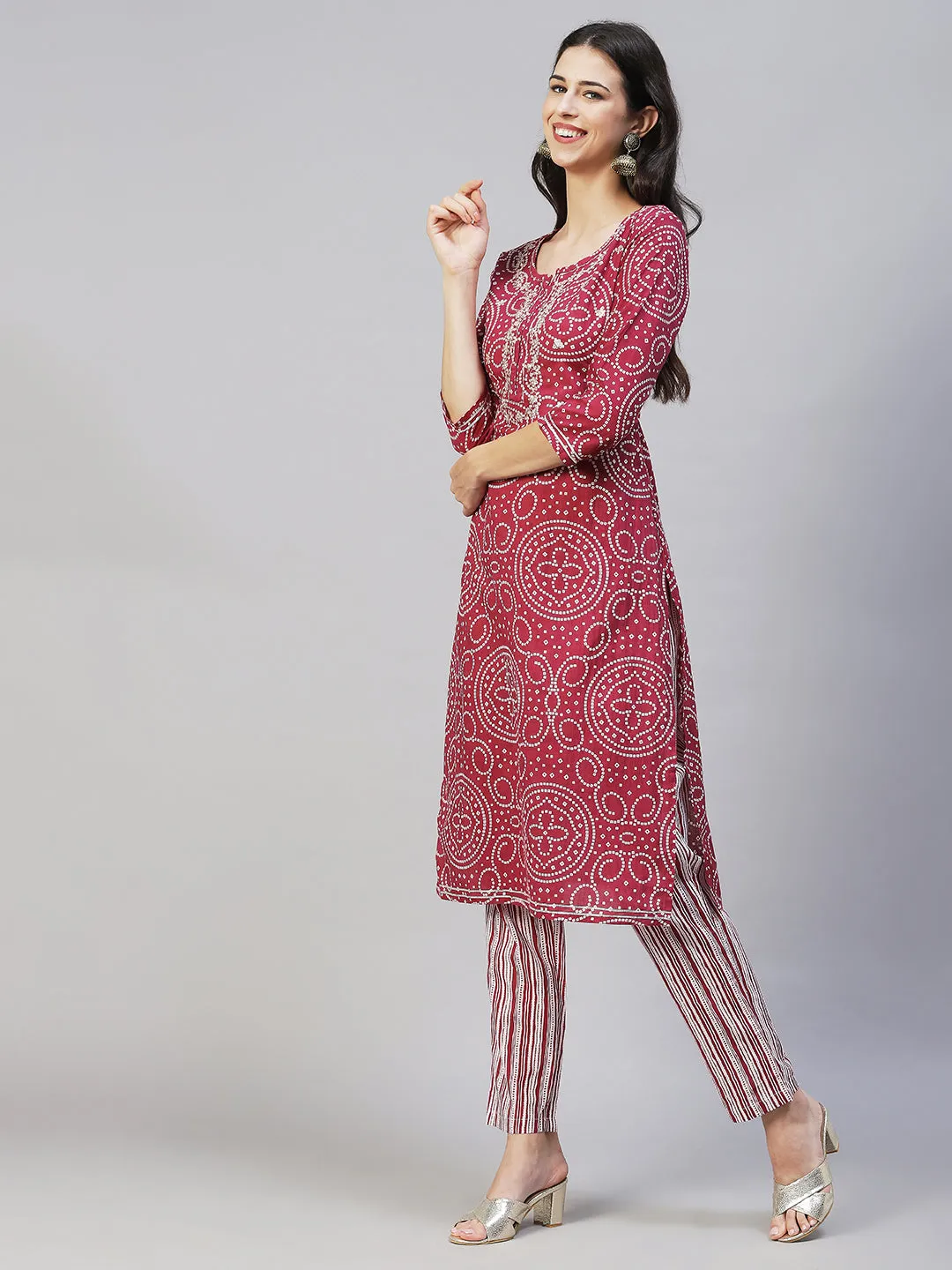 Bandhani Printed & Embroidered Straight Kurta with Pants - Light Wine