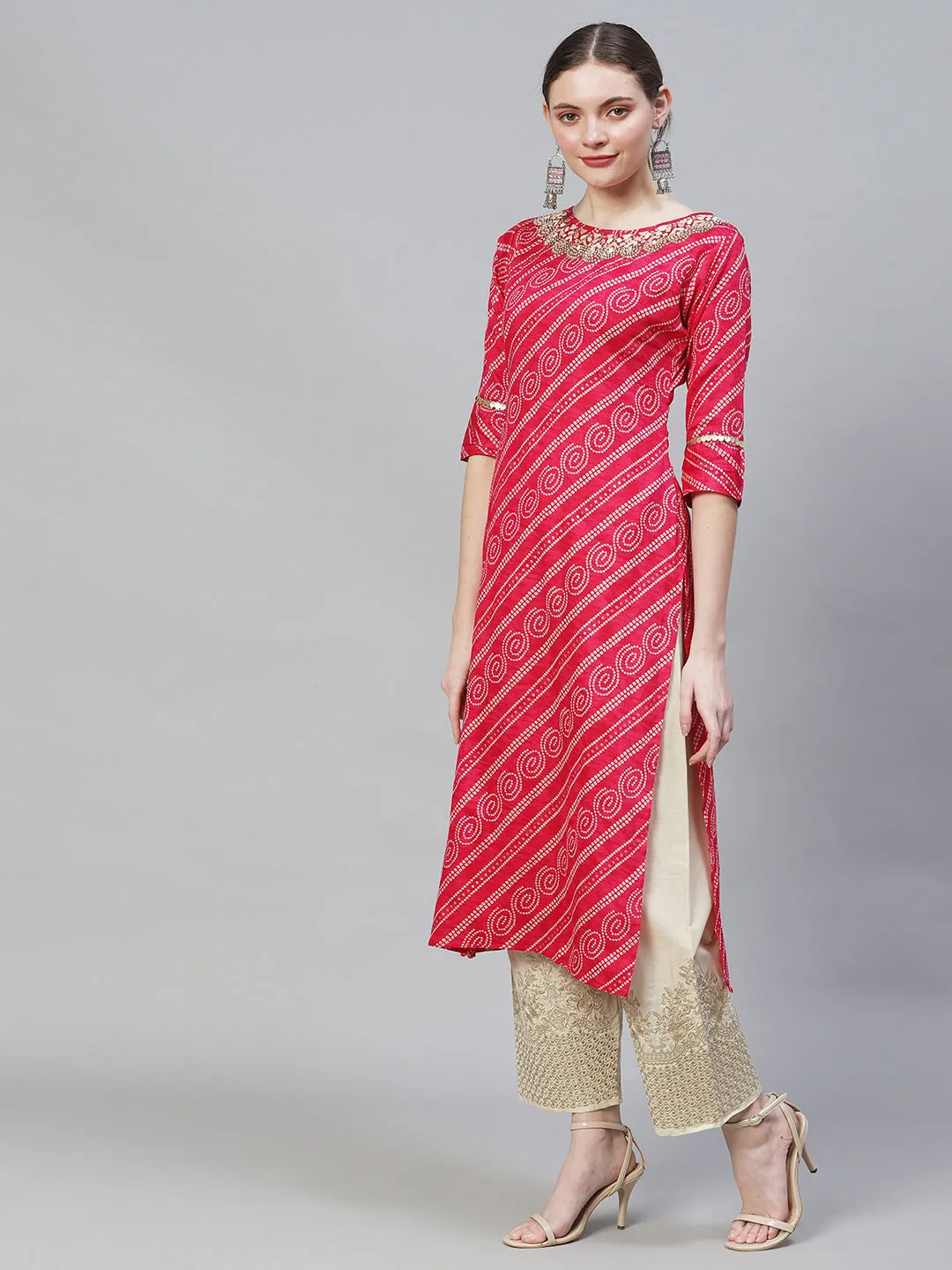 Bandhani Printed & Hand Embroidered Straight Fit Kurta – Magenta