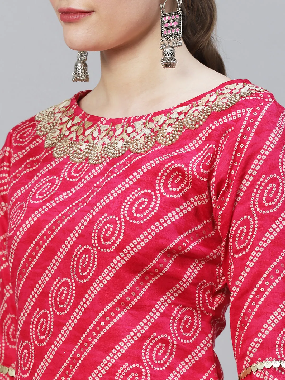 Bandhani Printed & Hand Embroidered Straight Fit Kurta – Magenta