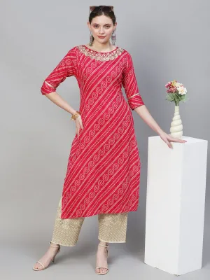 Bandhani Printed & Hand Embroidered Straight Fit Kurta – Magenta