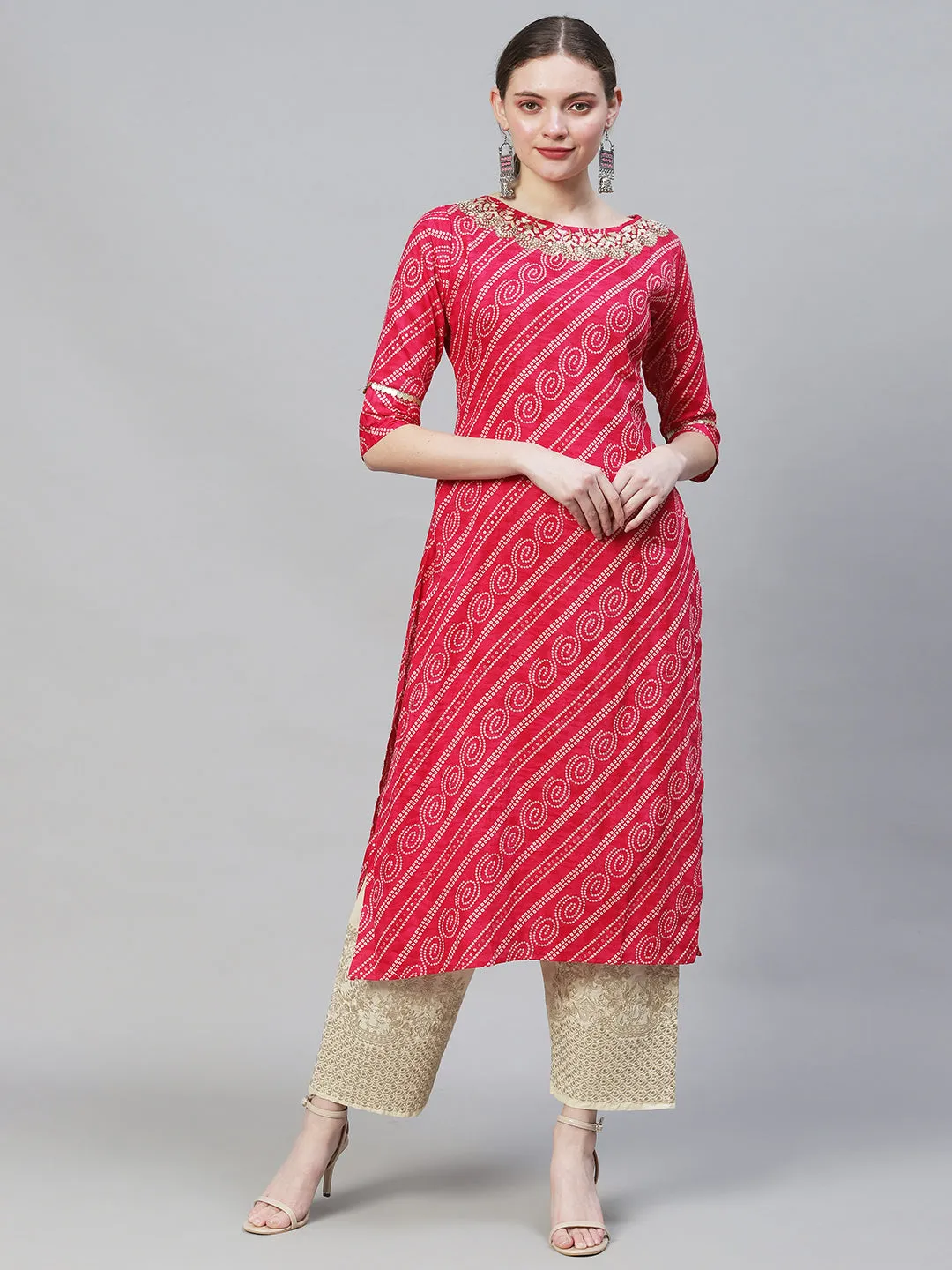 Bandhani Printed & Hand Embroidered Straight Fit Kurta – Magenta